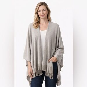 Accent Metallic Knit Fringe Shawl Wrap One Size Silver Gray Open Front NWT